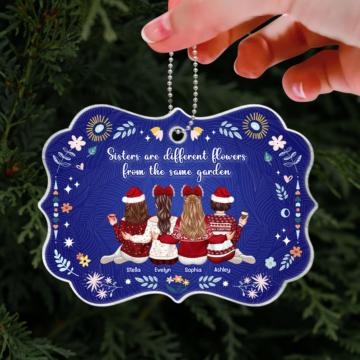 Sisters Are Different Flowers from the Same Garden, Sisters Sitting Back View Personalized Acrylic Ornament, Christmas Gift for