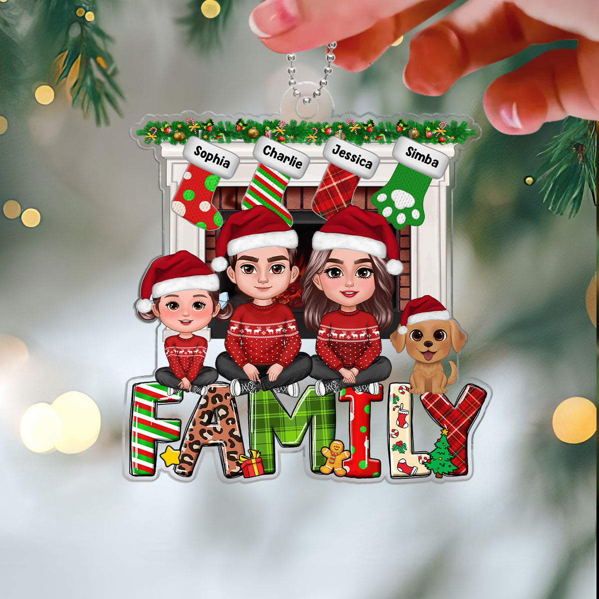 Family Dad Mom Kids Dogs Cats Crossed Legs Sitting On Word At Fireplace Personalized Acrylic Ornament