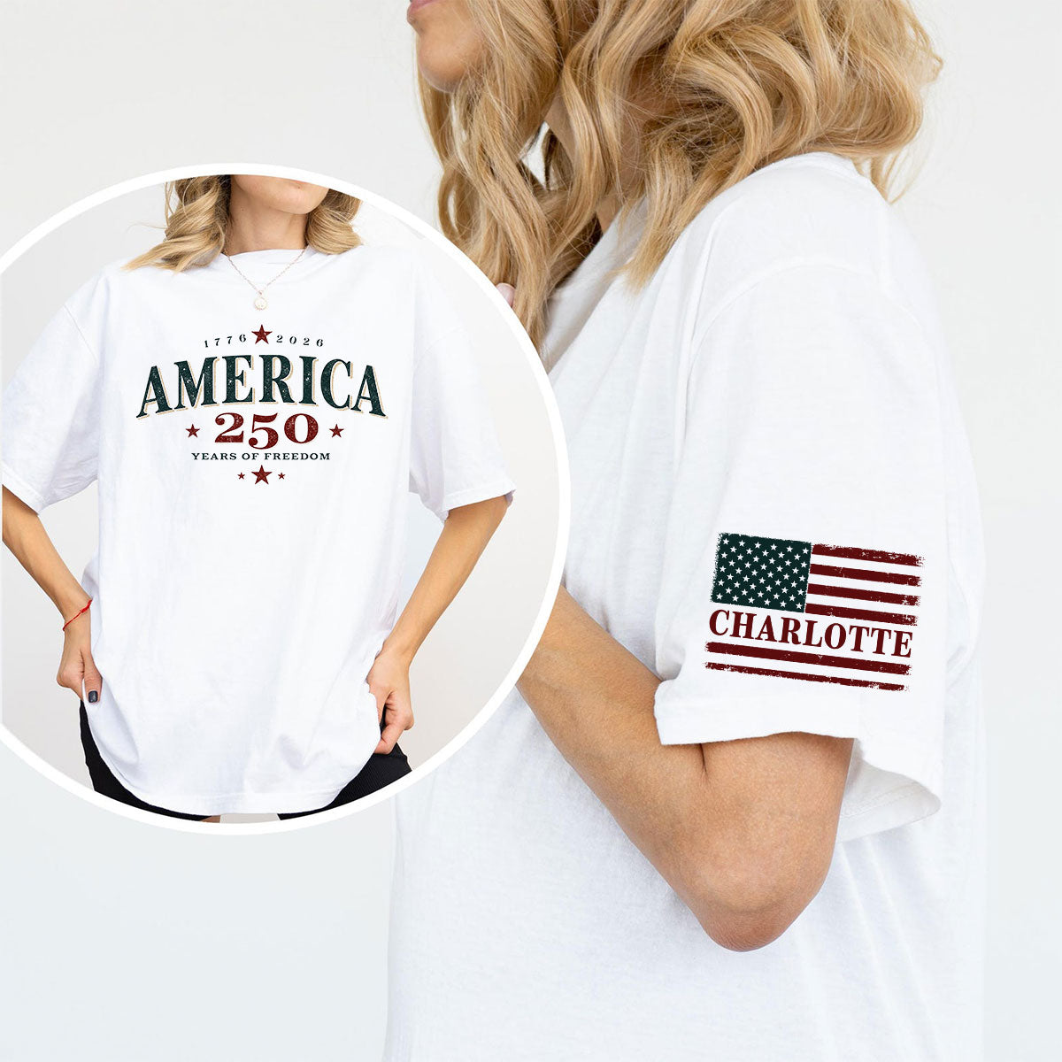 Retro America 250th Anniversary 250 Years Of Freedom - Personalized Sleeve Printed Shirt - Family Matching Shirt, Patriotic Crew Shirt