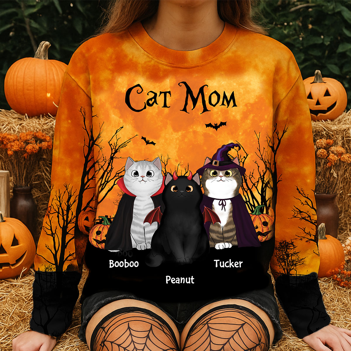 Cat Mom Halloween Moon Light Bat Tree Personalized Sweatshirt, Purrfect Costume for Cat Lover