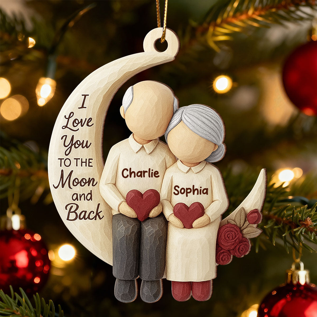 Old Couple Sitting on Moon - Personalized Wooden Ornament - Christmas Gift for him, Gift for her
