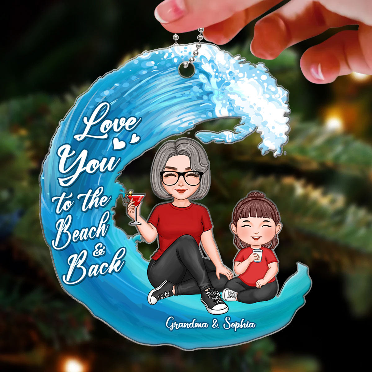 Cute Grandma & Grandkid Love To The Beach Wave Personalized Acrylic Ornament