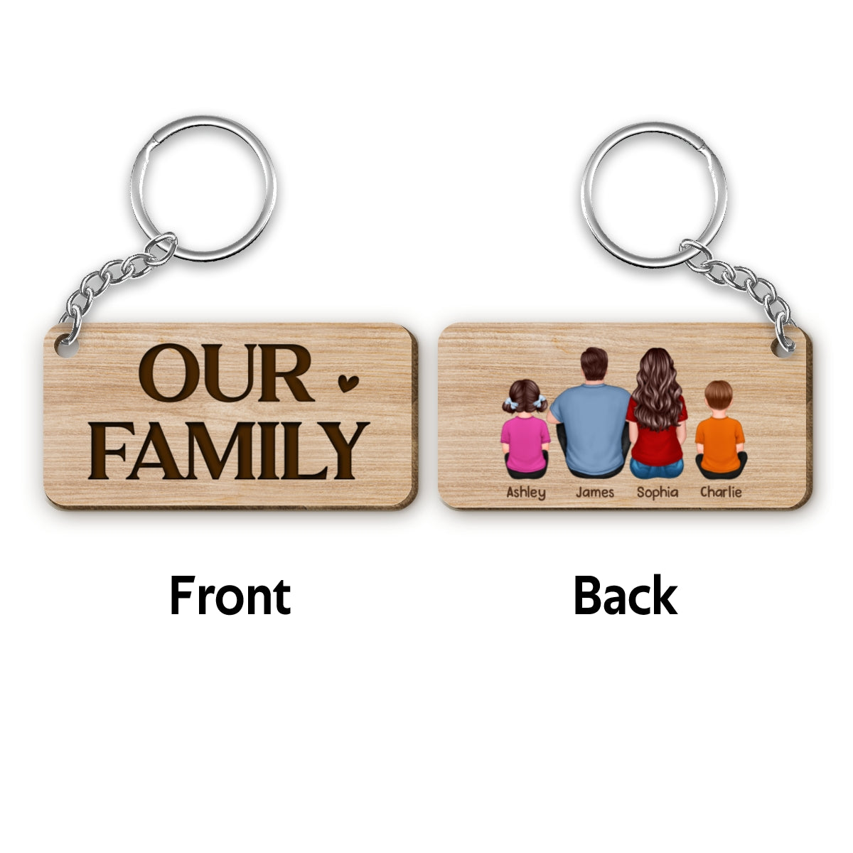 Our Family Sitting Back View Personalized Wooden Keychain