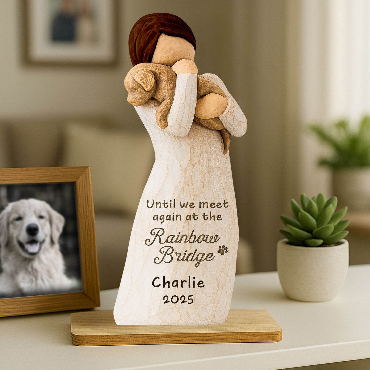 Until We Meet At Rainbow Bridge Woman & Dog 3D Effect Personalized Standing Wooden Plaque, Memorial Sympathy Gift