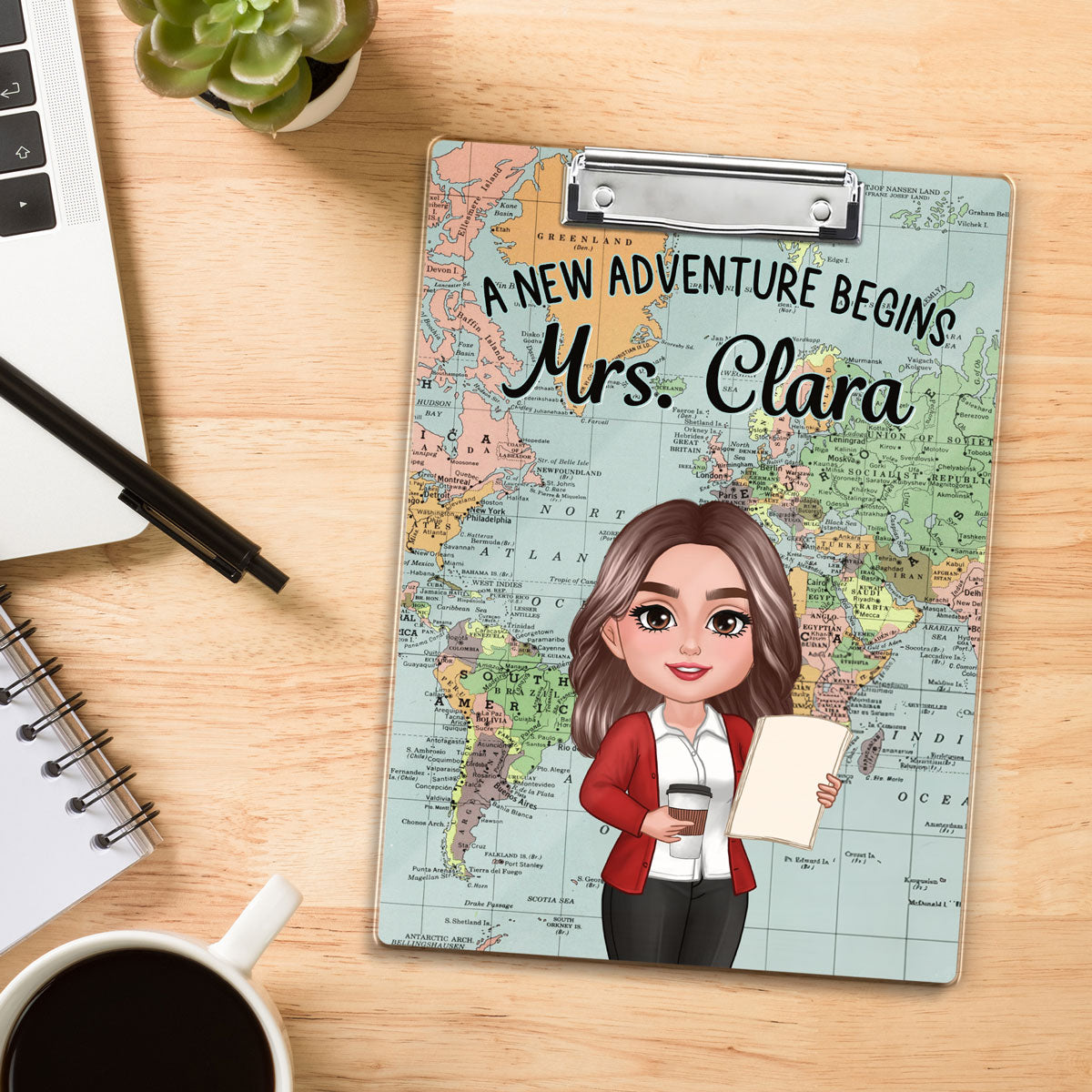 World Map Adventure Themed Teacher Personalized Clipboard, Back To School Gift For Teacher, Colleagues