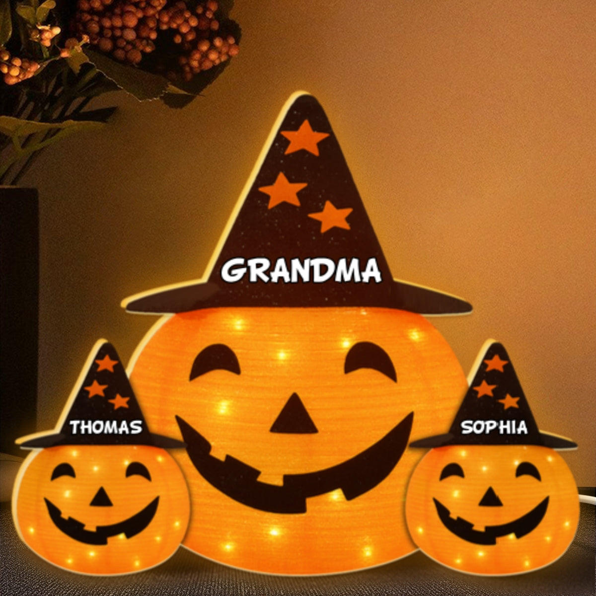Halloween Grandma Jack O'Lantern Custom Kids Names Personalized LED Light Box