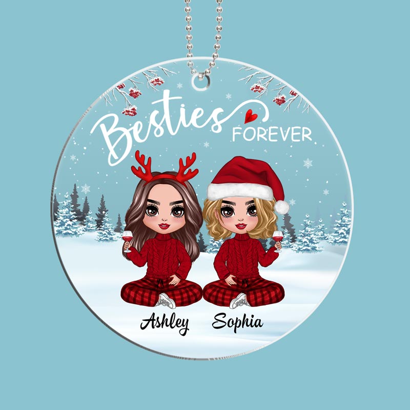 Doll Besties Sisters Sitting In Snow Personalized Acrylic Ornament