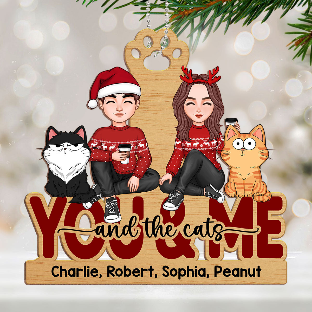 Couple And The Cats Funny Expression Personalized Wooden Ornament