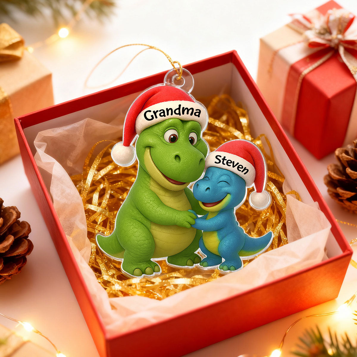 3D Effect Heartwarming Grandmasaurus Hugging Dinosaur Grandkid - Personalized Acrylic Car Hanger - Fun & Unique Gift For Grandkids