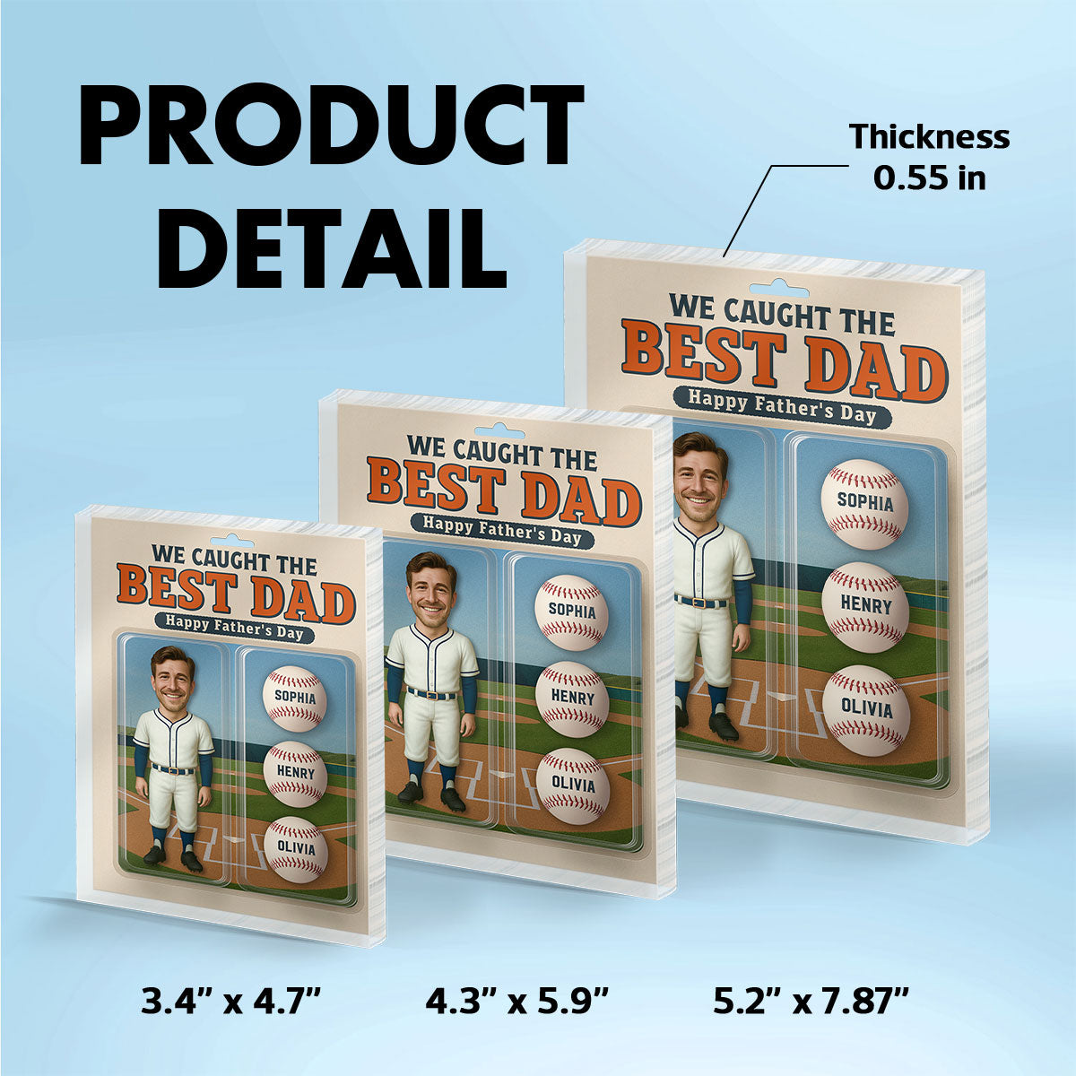 3D Effect Baseball Dad We Caught The Best Dad Custom Figure Personalized Rectangle Flat Acrylic Block Plaque
