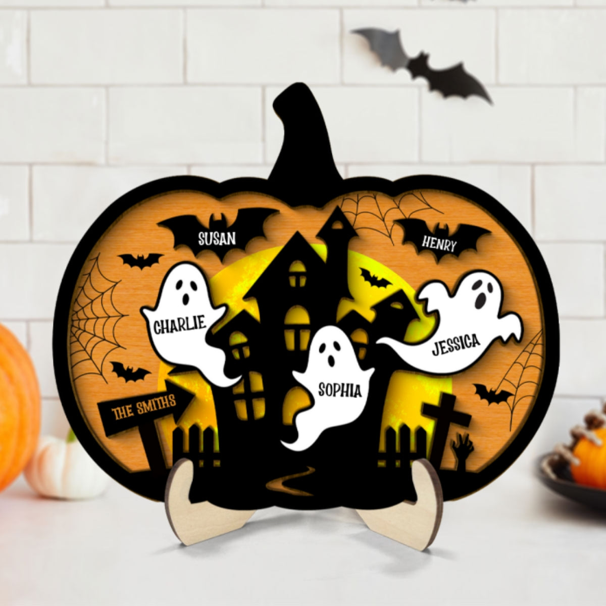Halloween Boo Family Pumpkin Shaped Personalized 2 Layer Wooden Plaque