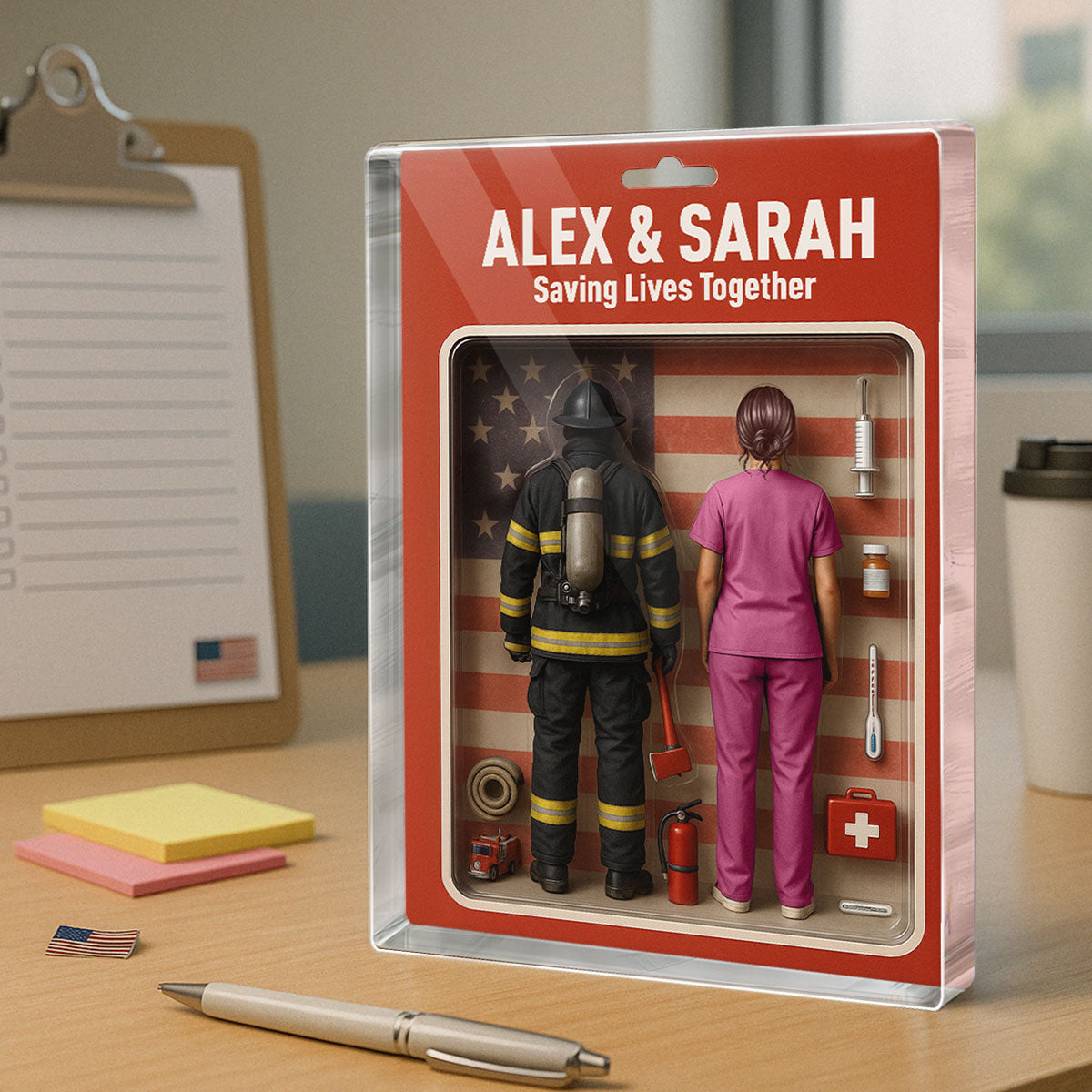 You & Me We Got This Firefighter & Nurse Couple Realistic Figures Style Personalized Acrylic Block Plaque