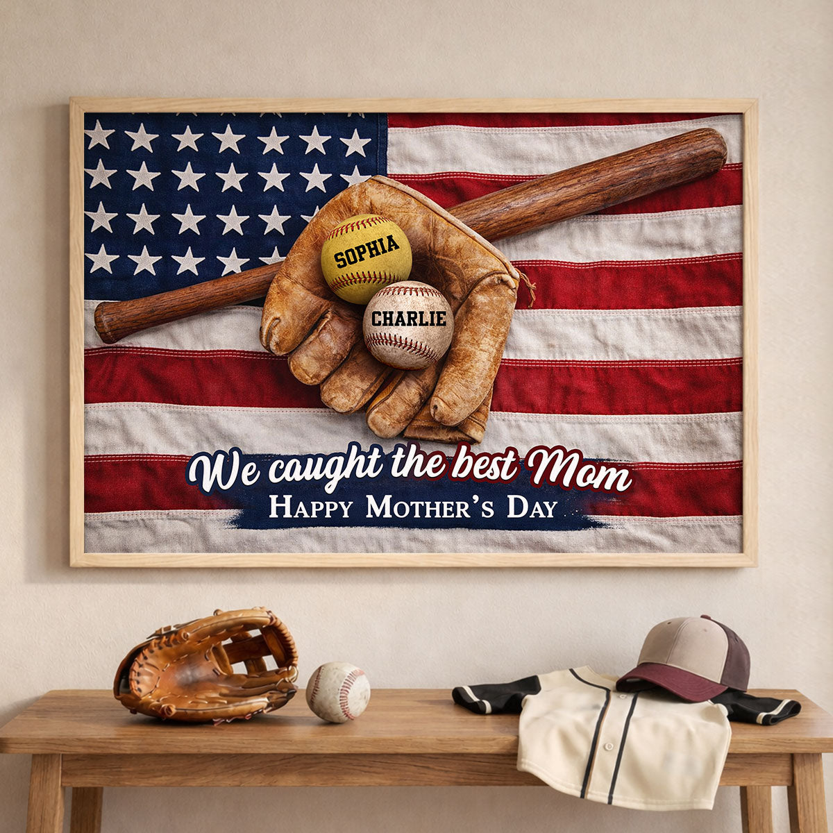 Nation Flag Baseball We Caught The Best Mom - Personalized Poster - Mother's Day Gift for Mom, Wife