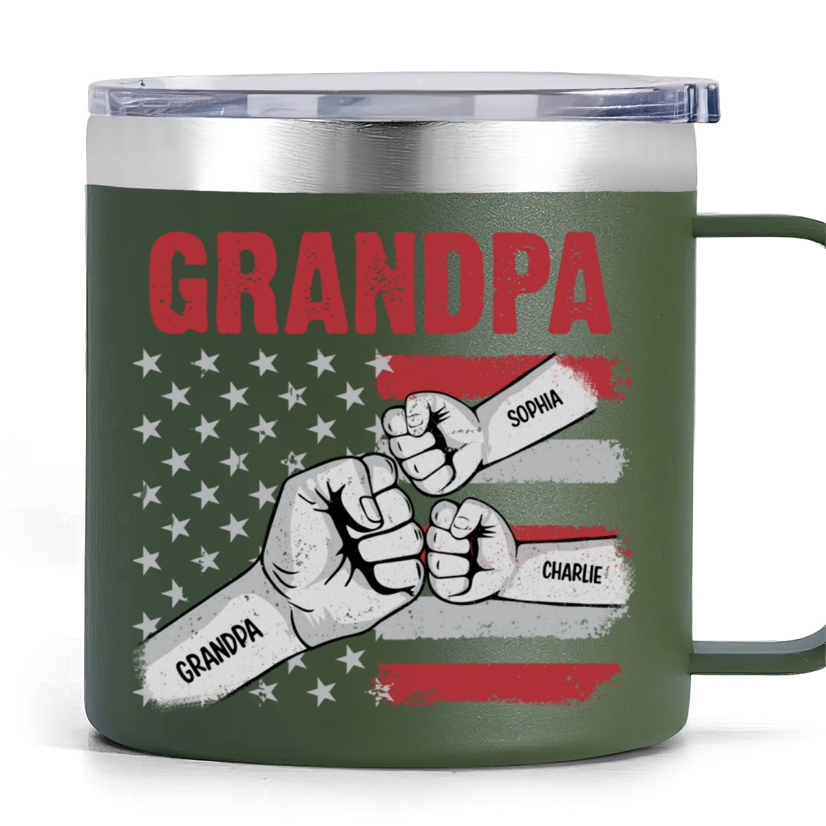 Grandpa Fist Bump Nation Flag Personalized Stainless Steel Tumbler With Handle, Birthday Gift For Grandpa, Father's Day Gift or Just Because