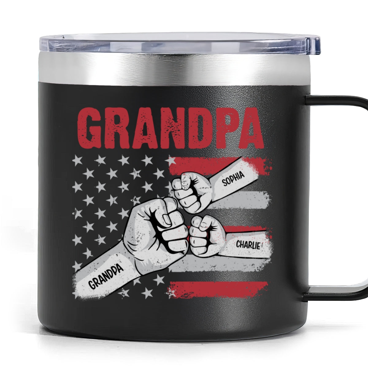 Grandpa Fist Bump Nation Flag Personalized Stainless Steel Tumbler With Handle, Birthday Gift For Grandpa, Father's Day Gift or Just Because