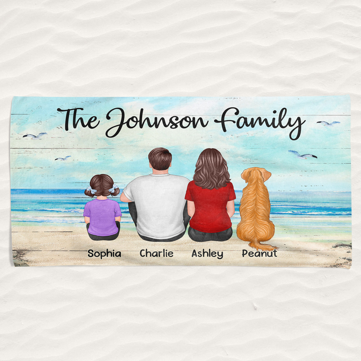 Family Sitting Beach Landscape Personalized Beach Towel