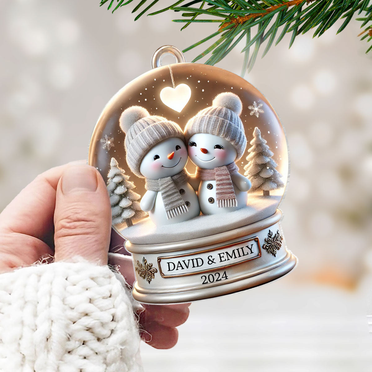 Snow Globe Snowman Couple White Christmas Acrylic Ornament, Personalized Couple 3D Effect Ornament, Christmas Gift For Married Engaged Couples, For Couples