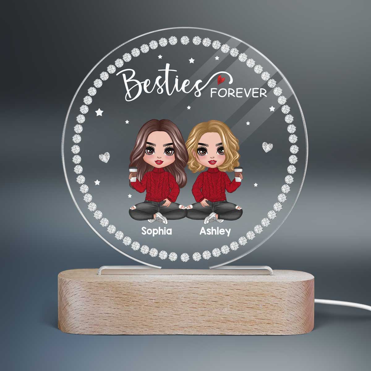 Best Friends Sisters Jewelry Stone Personalized Circle Plaque LED Night Light