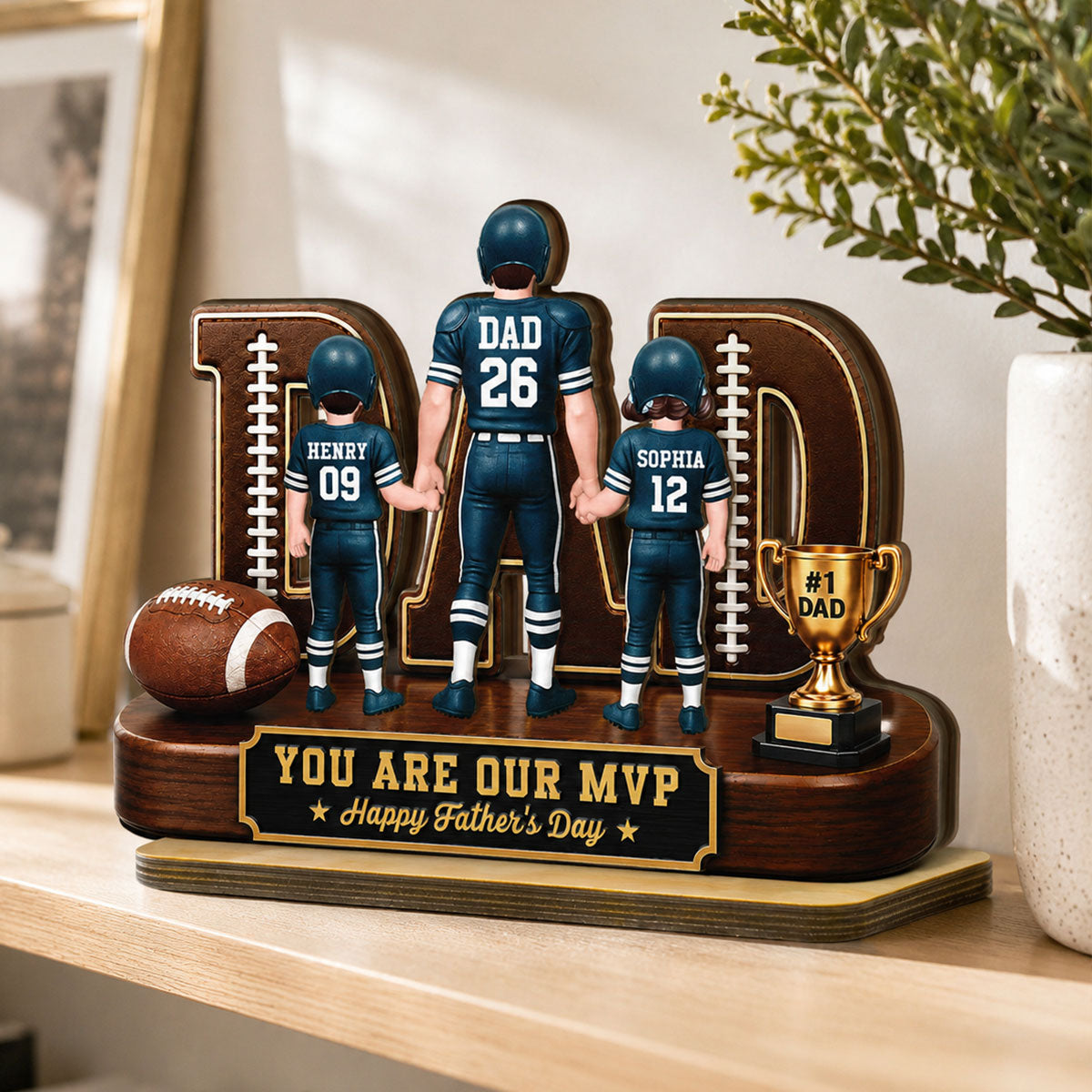 American Football No 1 Dad Legend Daddy's Dream Team - Personalized 2-Layered Wooden Plaque - Father's Day Gift For Dad