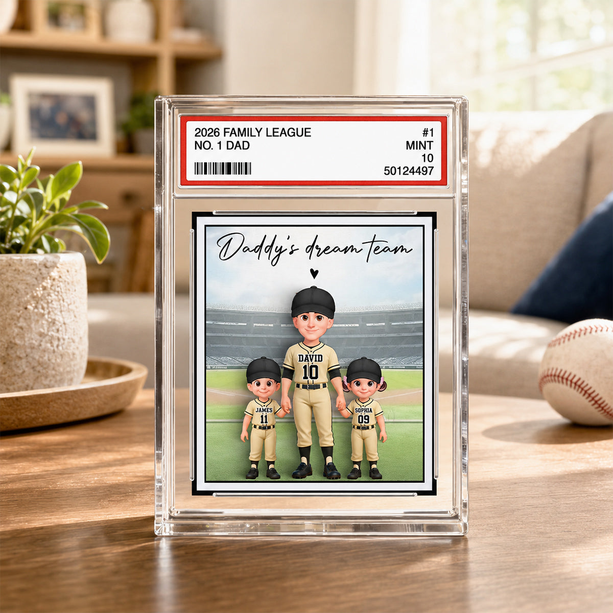 Baseball No. 1 Dad Man & Kids Standing On Court Trading Card Style - Personalized Acrylic Block Plaque - Father's Day Gift For Baseball Dad