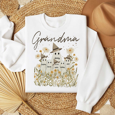 Cute Ghost Grandma And Kids In Wildflowers Spooky Fall Personalized Sweatshirt
