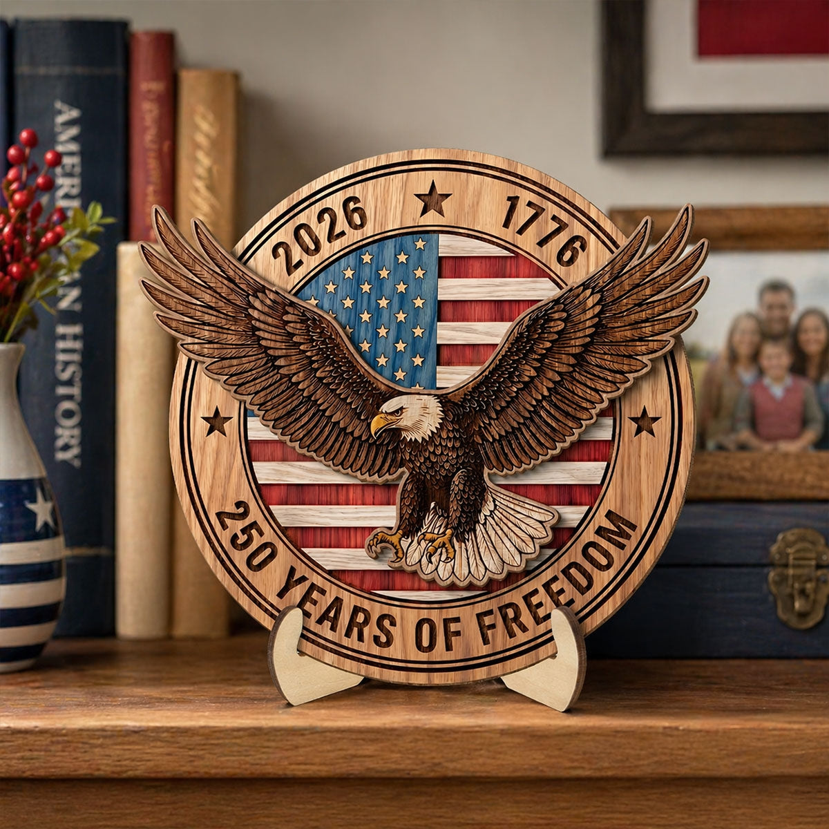 United States 250th Anniversary Eagle & American Flag - Personalized 2-Layered Wooden Plaque - America 250 Emblem American Patriot Home Decor