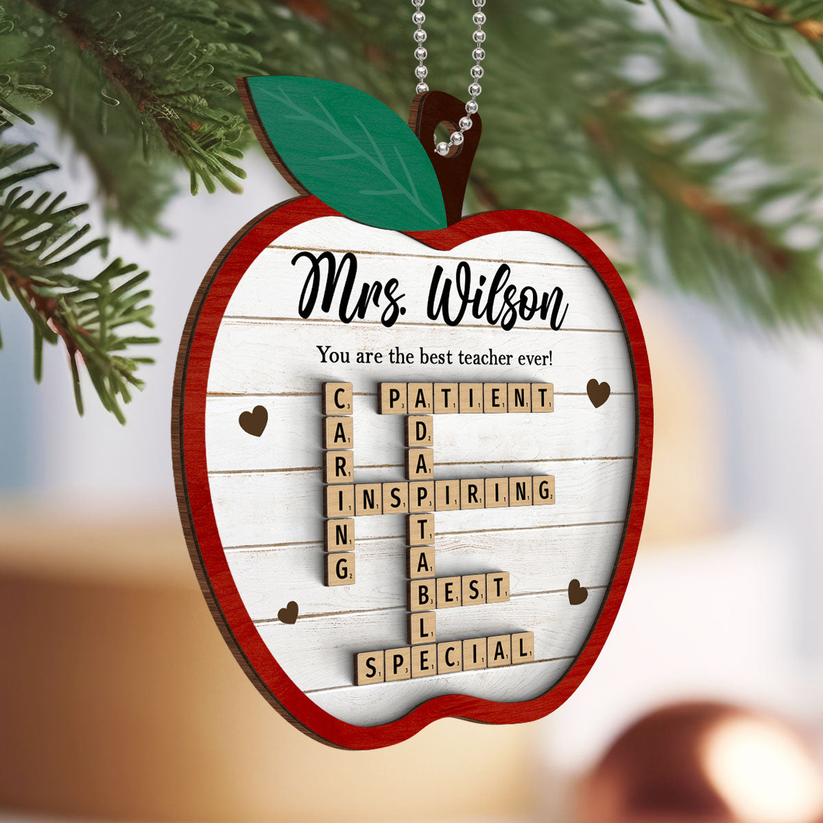 Best Teacher Ever Appreciation Crossword Puzzle Art Personalized 2-Layer Wooden Ornament, Christmas Gift For Teacher