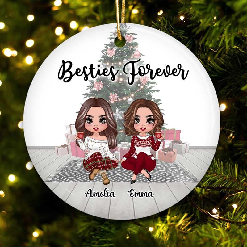Christmas Tree Background Besties Sisters Personalized Circle Ornament