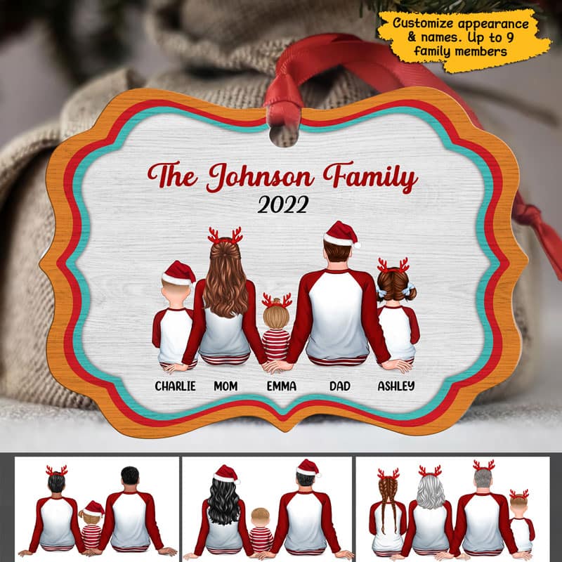 Family Pajamas Sitting Colorful Border Personalized Christmas Ornament