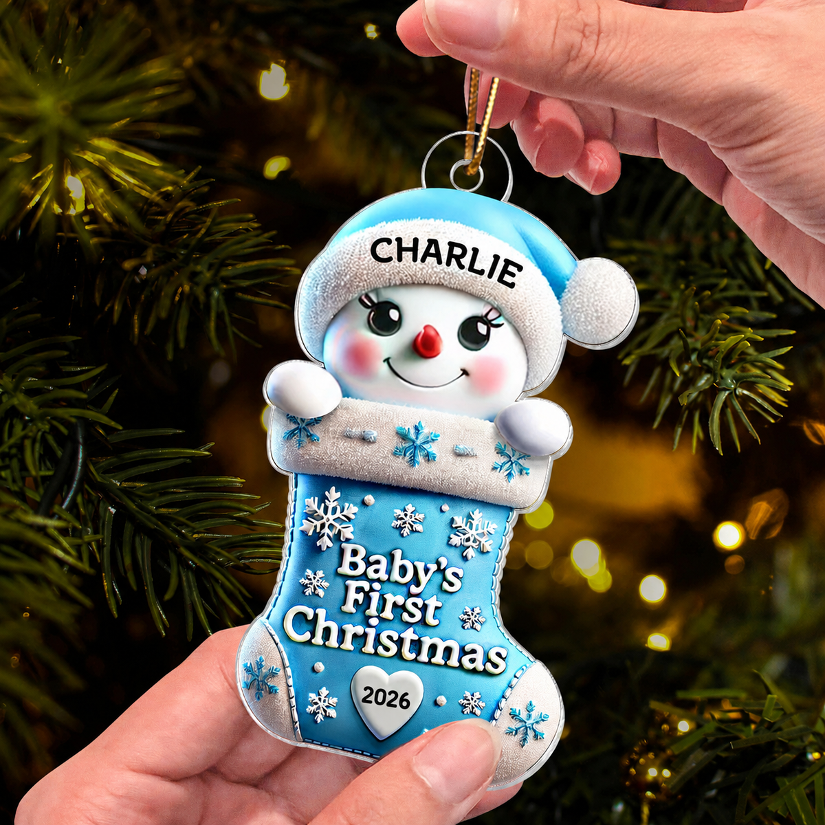 Baby First Christmas Snowman On Stocking 1st Christmas Keepsake Personalized Acrylic Ornament