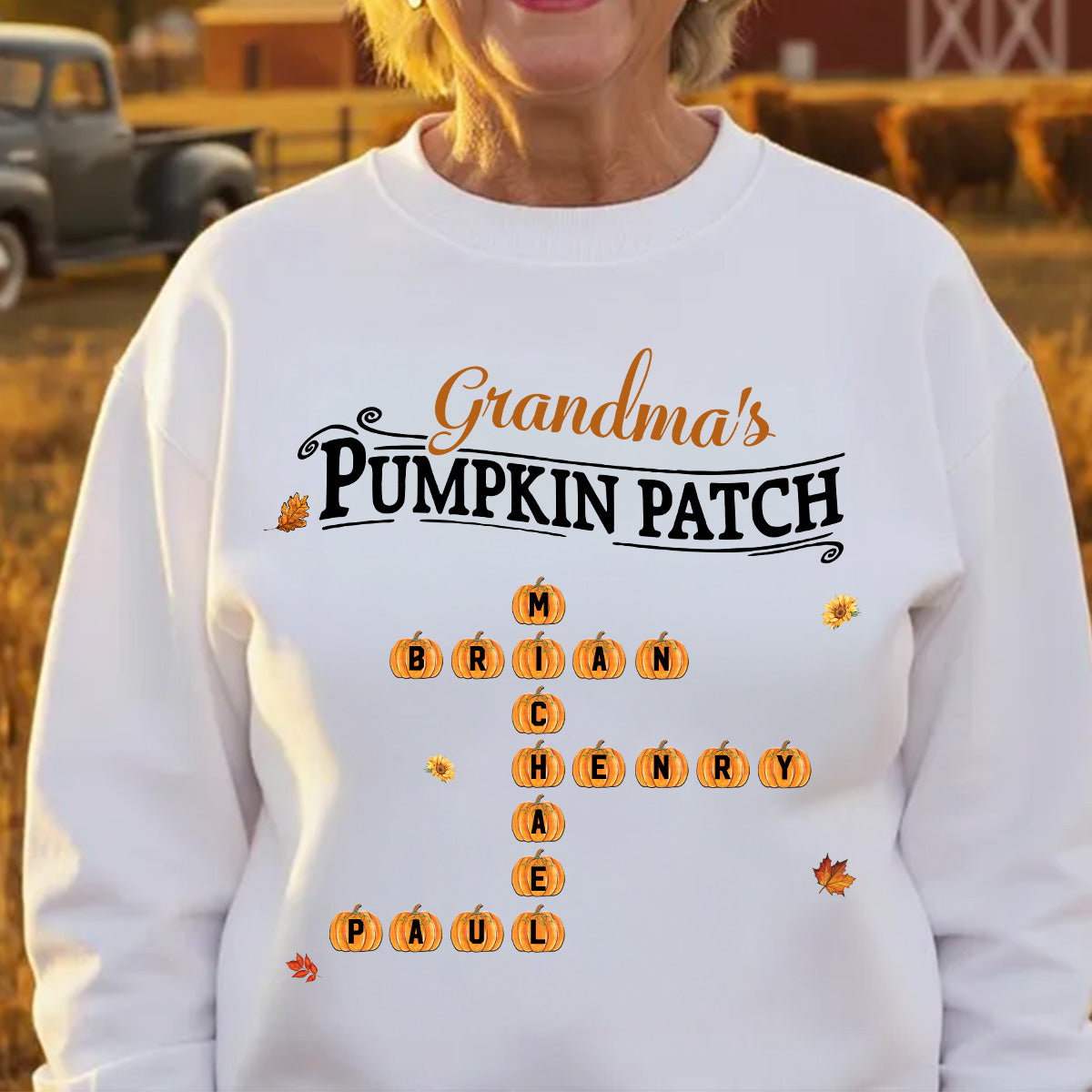 Grandma's Pumpkin Patch Cute Crossword Puzzle Fall Season Personalized Sweatshirt