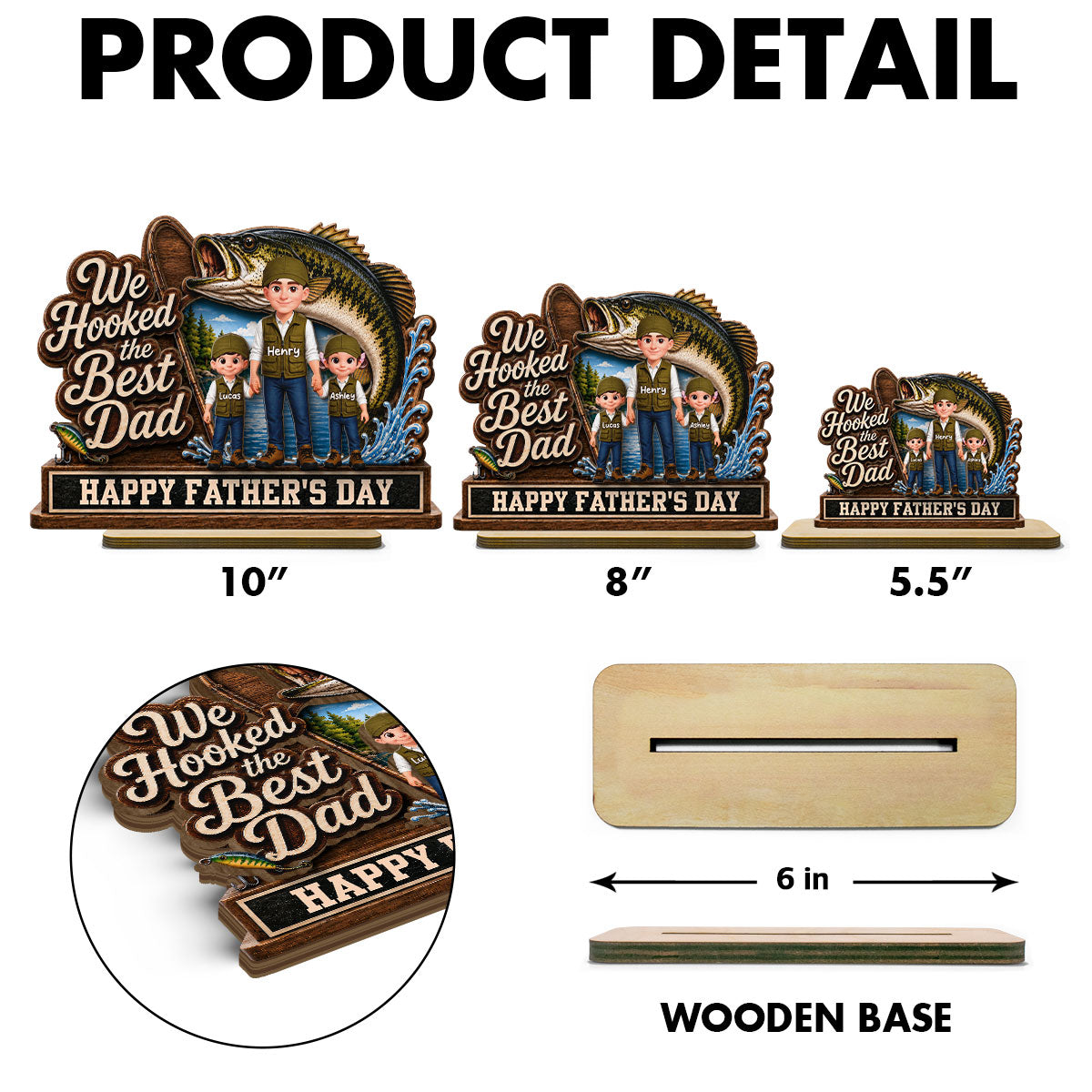 We Hooked The Best Dad Fishing Man & Kids 2D Flat - Personalized 2-Layered Wooden Plaque - Father's Day Gift For Fishing Dad