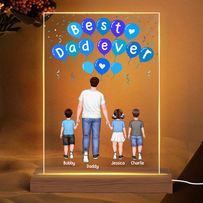 Blue Balloon Dad And Kids Back View Personalized Rectangle Acrylic LED Night Light