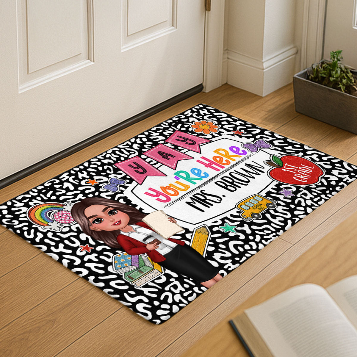 Yay You're Here Composition Book Pattern Personalized Doormat, Back To School Gift