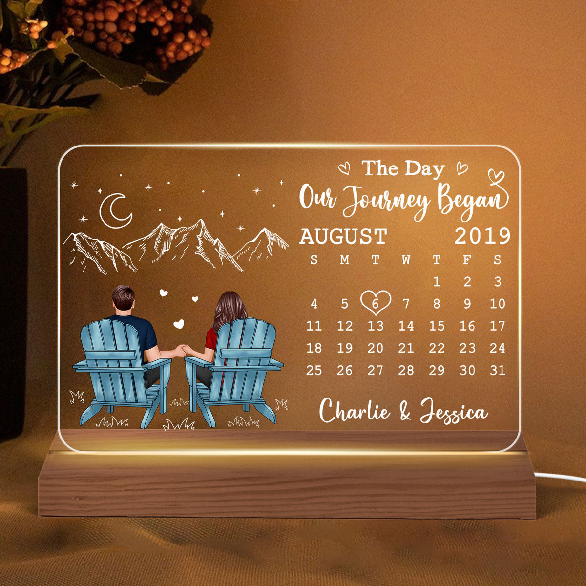 Couple Sitting Back View Anniversary Date Calendar Rectangle Personalized Custom Shape Acrylic Plaque With LED Night Light - Anniversary Gift For Couple - Gift For Him - Gift For Her