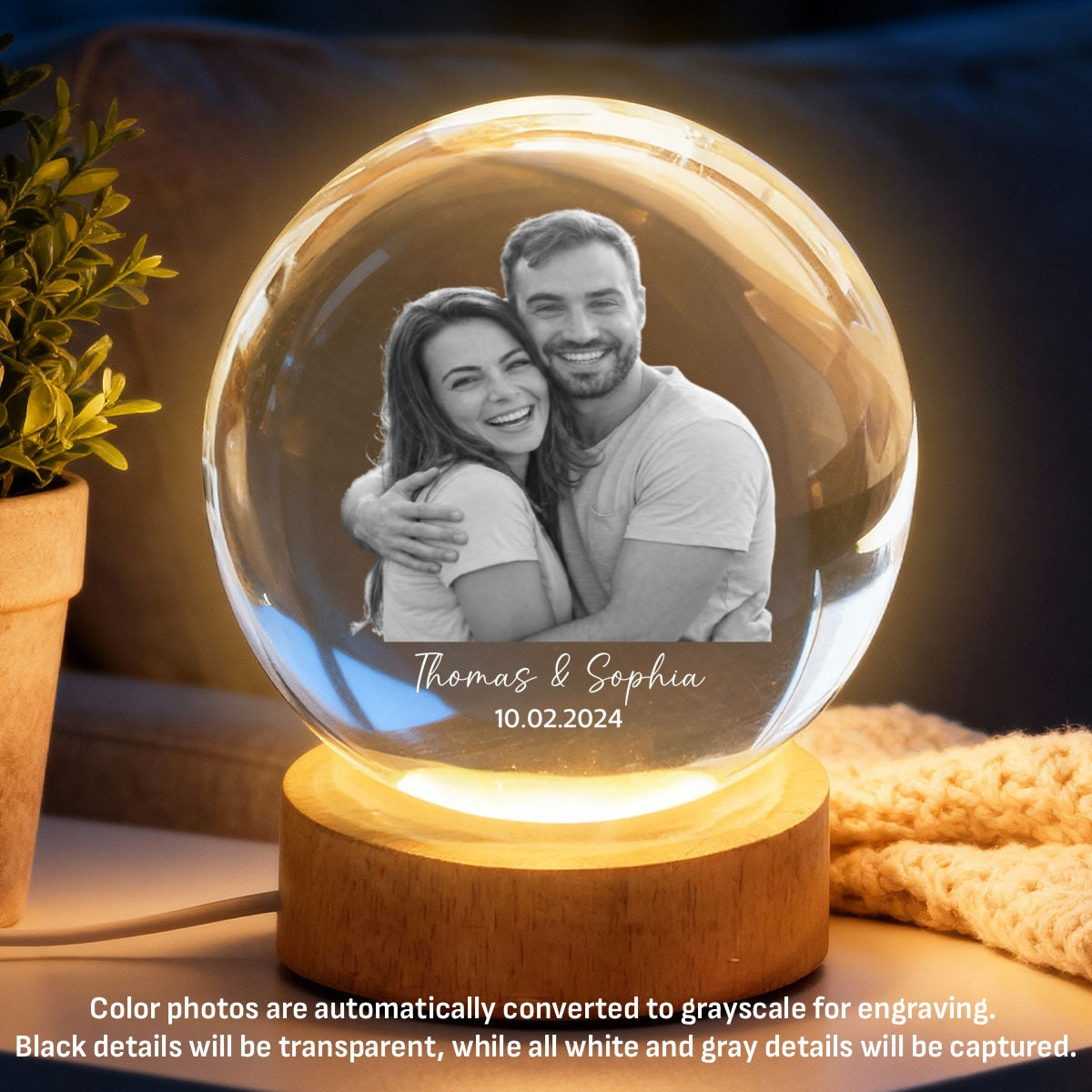 Eternal Love Custom Couple Photo - Personalized Crystal Ball LED Night Light - Valentine's Day Gift For Couple, For Him, For Her