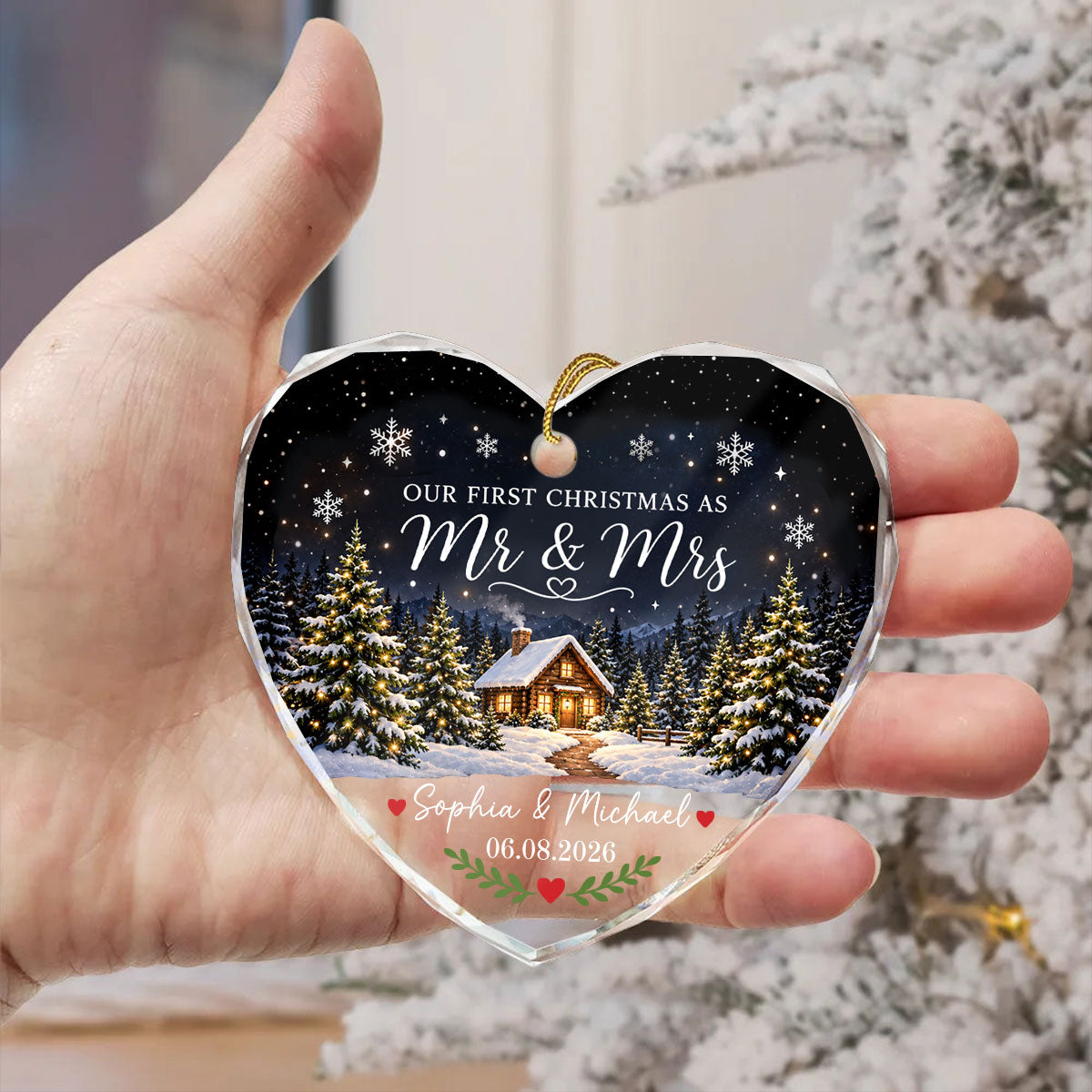 Our First Christmas As Mr Mrs Winter Cabin House - Personalized Glass Ornament - First Christmas Married Ornament For Couple