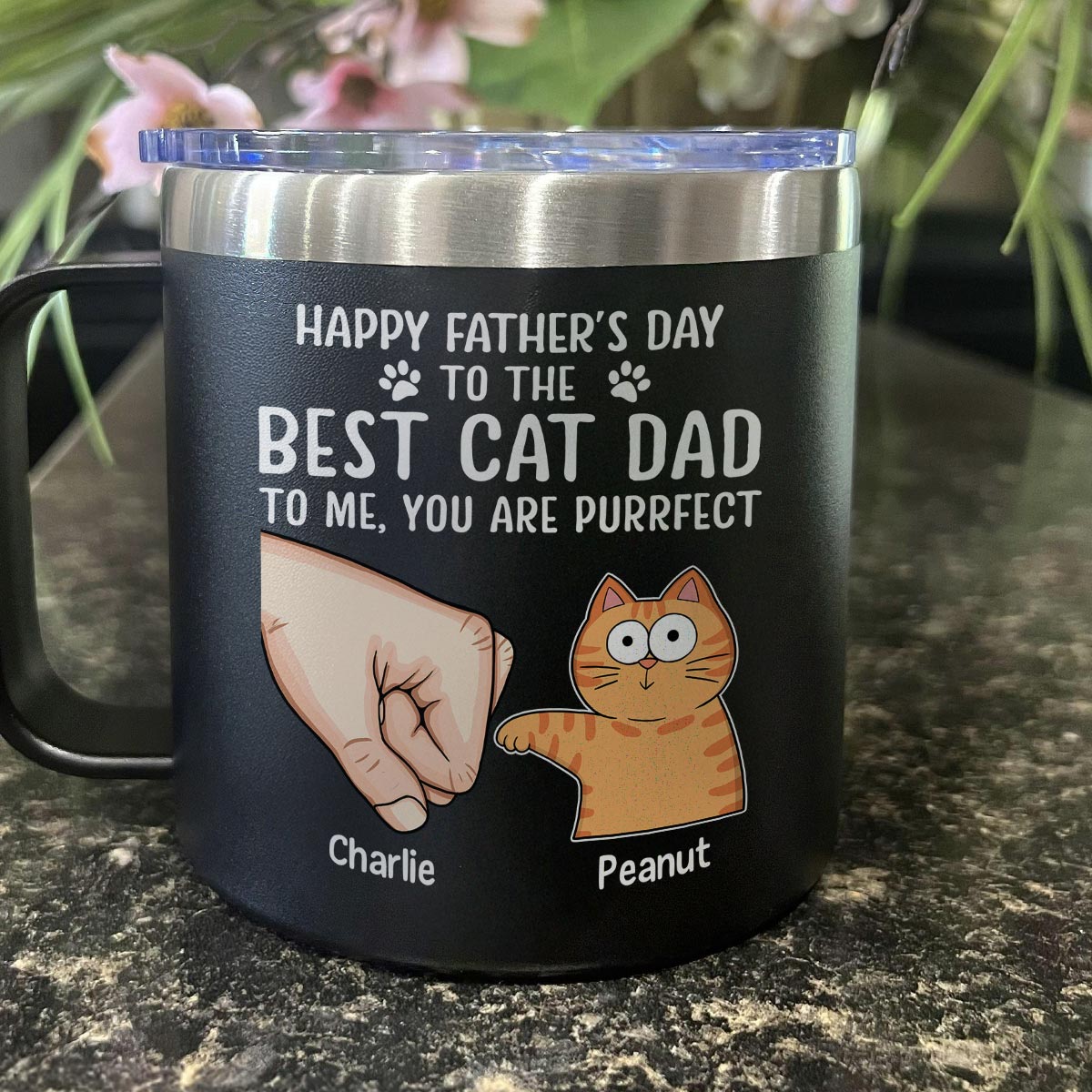 Happy Father‘s Day Fist Bump Funny Cute Cats Personalized Stainless Steel Tumbler With Handle, Gift For Cat Dad