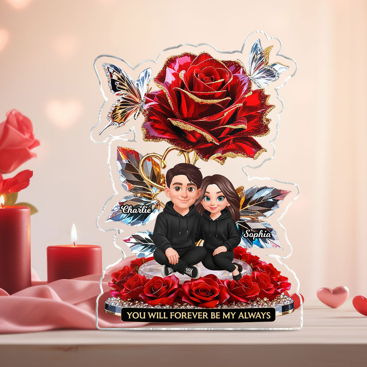 Eternal Love Roses Couple Forever Together - Personalized Acrylic Block Plaque - Gift For Couple, Gift For Him, For Her