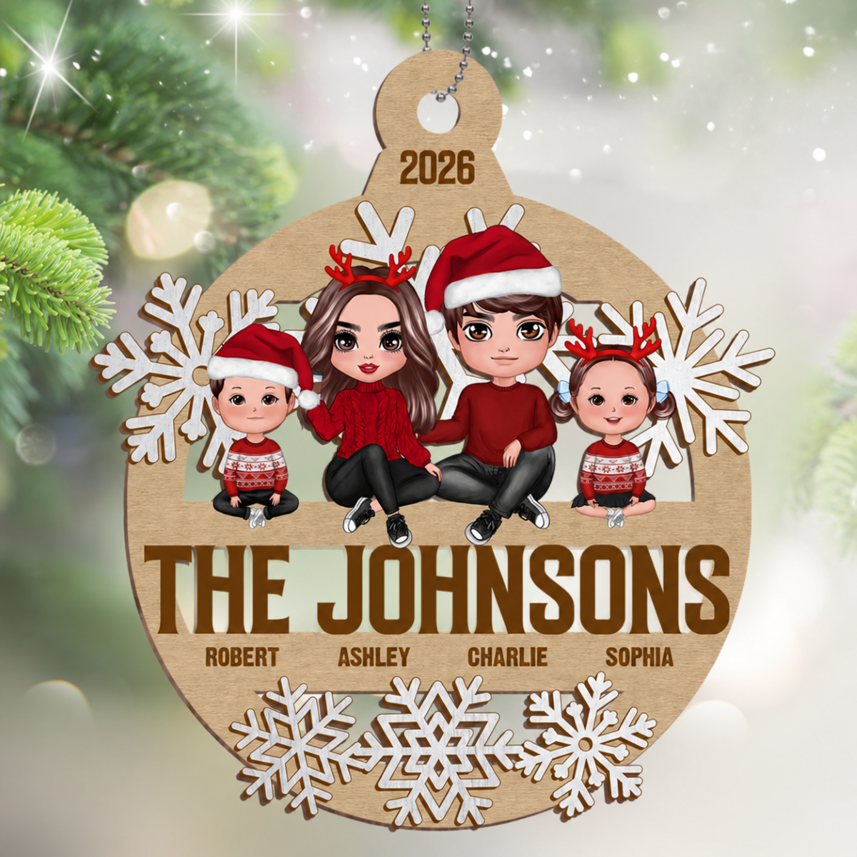 Snowflake Family Sitting Personalized Wooden Ornament