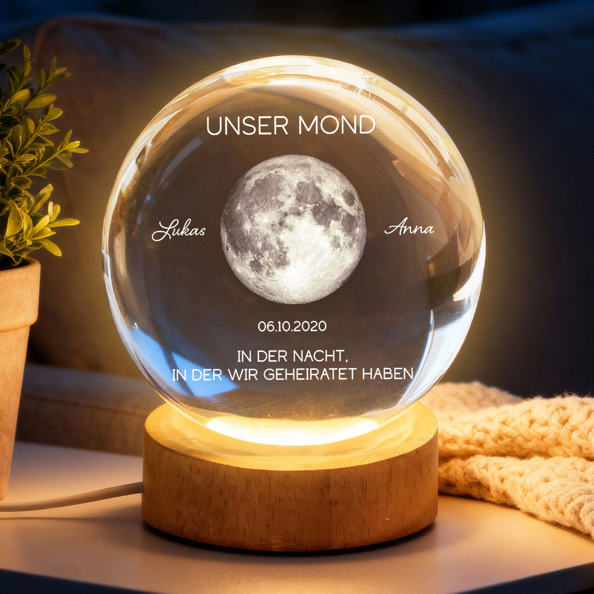 Unser Mond zum Wunschdatum – Personalisierte Mondphase – Kristallkugel Nachtlicht – Jahrestagsgeschenk für Sie & Ihn