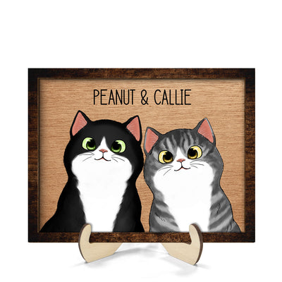Peeking Fluffy Cats Personalized 2-Layer Wooden Plaque