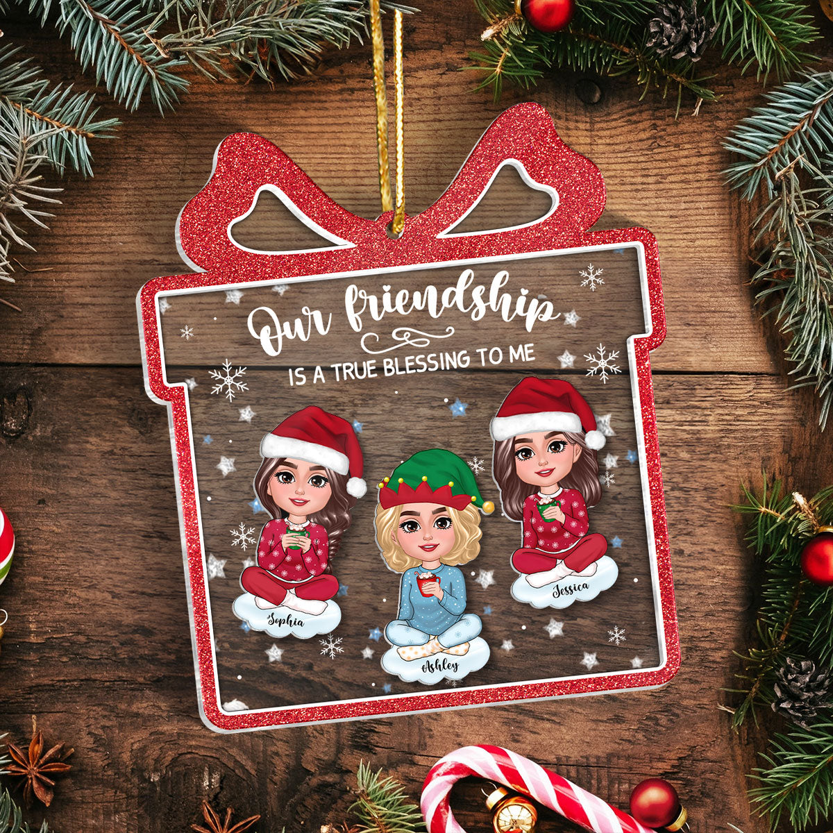 Our Friendship Is True Blessing Gift Shaped Personalized Shaker Ornament, Christmas, Christmas Gift For Friends