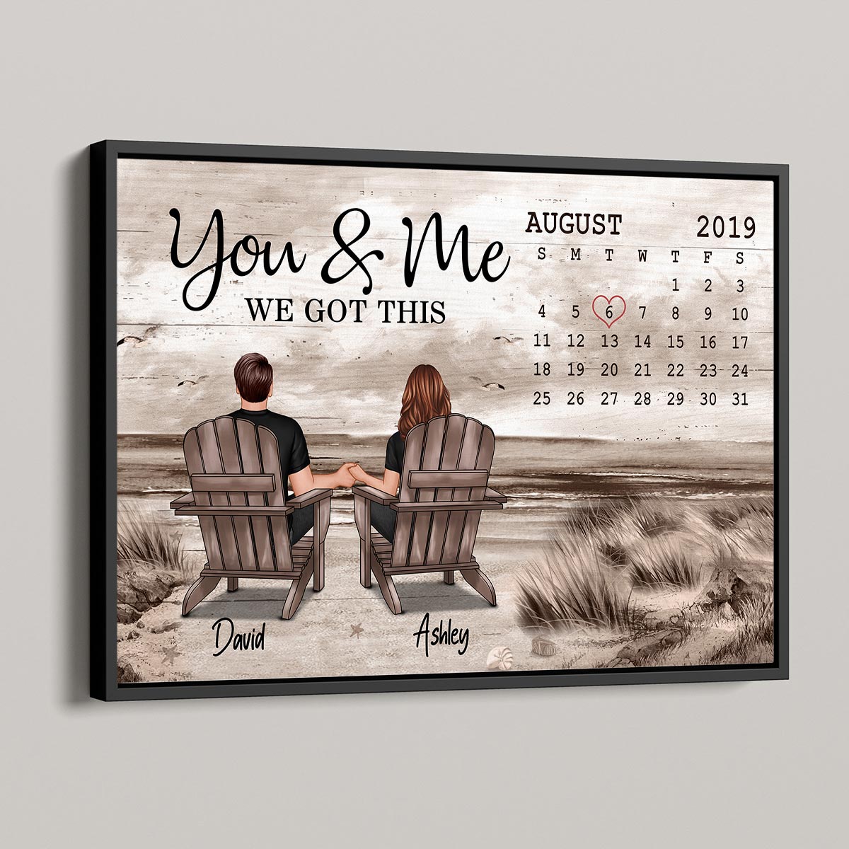 Anniversary Date Retro Vintage Back View Couple Sitting Beach Landscape Personalized Horizontal Poster