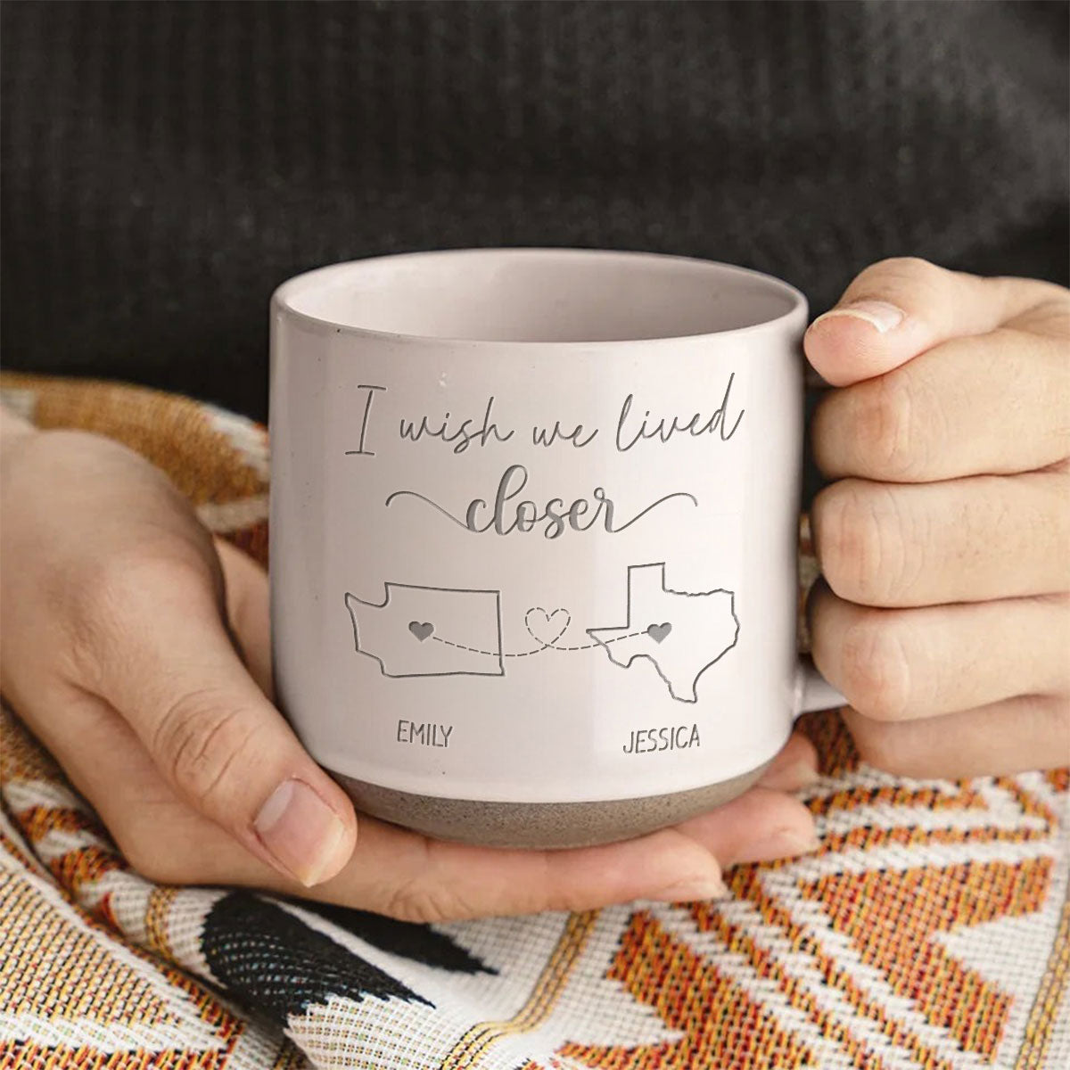 Long Distance Family Friends Siblings Sisters Besties Personalized Pottery Mug, Togetherness Christmas Gift