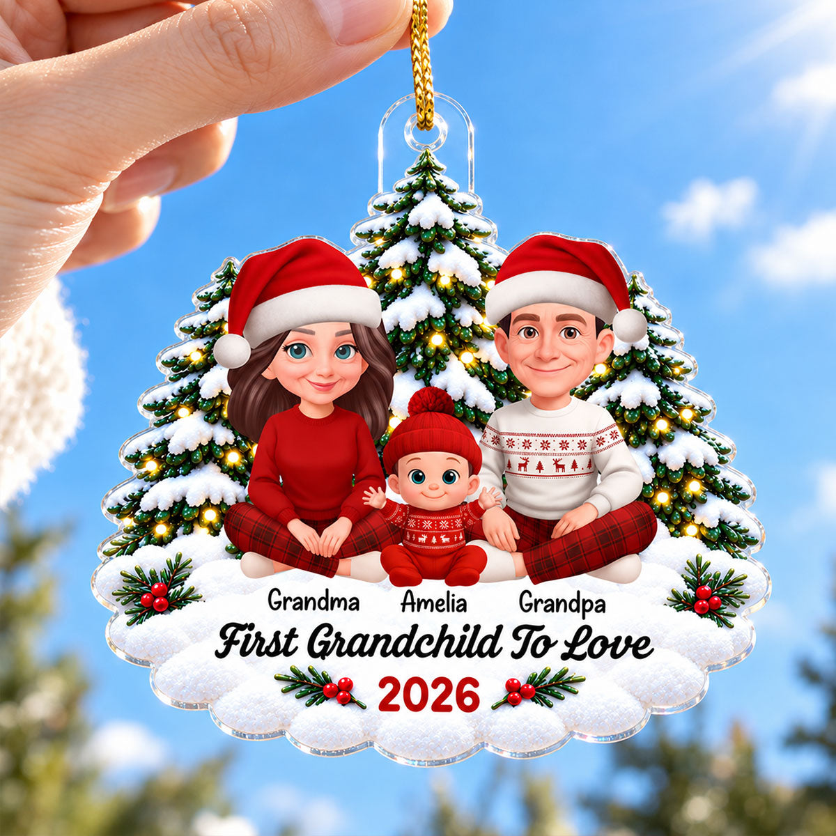 First Grandchild To Love Snowy Christmas Trees - Personalized Acrylic Ornament - Christmas Gift For Grandparents, First-Time Grandparents