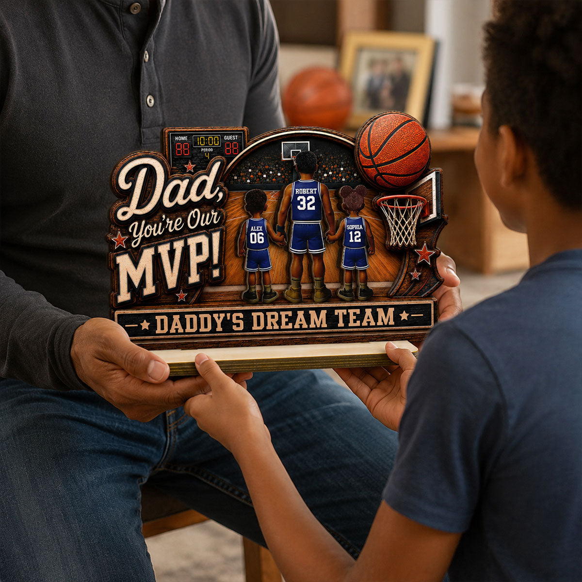 Dad You Are Our MVP Standing Basketball Man & Kids 2D Flat - Personalized 2-Layered Wooden Plaque - Father's Day Gift For Basketball Dad