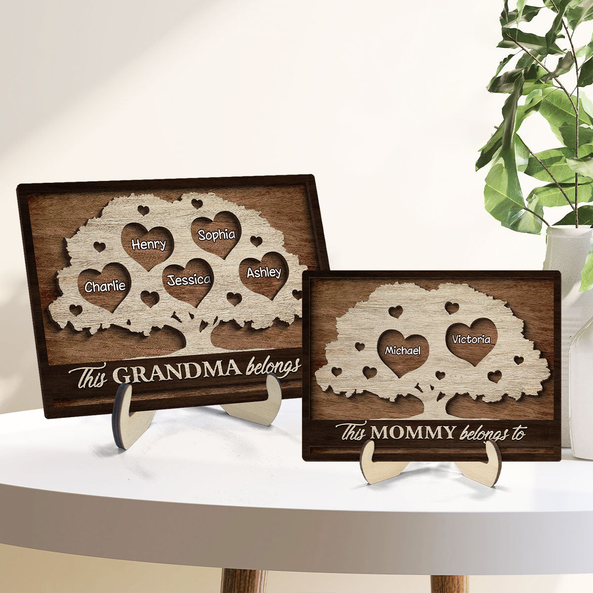 This Grandma Mom Belongs To Heart Tree Personalized 2-Layered Wooden Plaque, Heartfelt Mother's Day gift