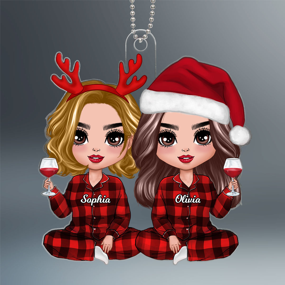 Christmas Pajamas Doll Besties Sisters Sitting Personalized Acrylic Ornament