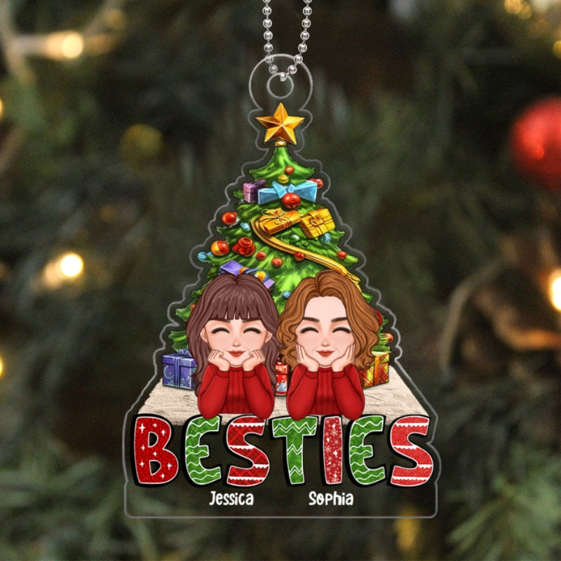 Doll Besties Sisters Chin On Hands Under Christmas Tree Personalized Acrylic Ornament